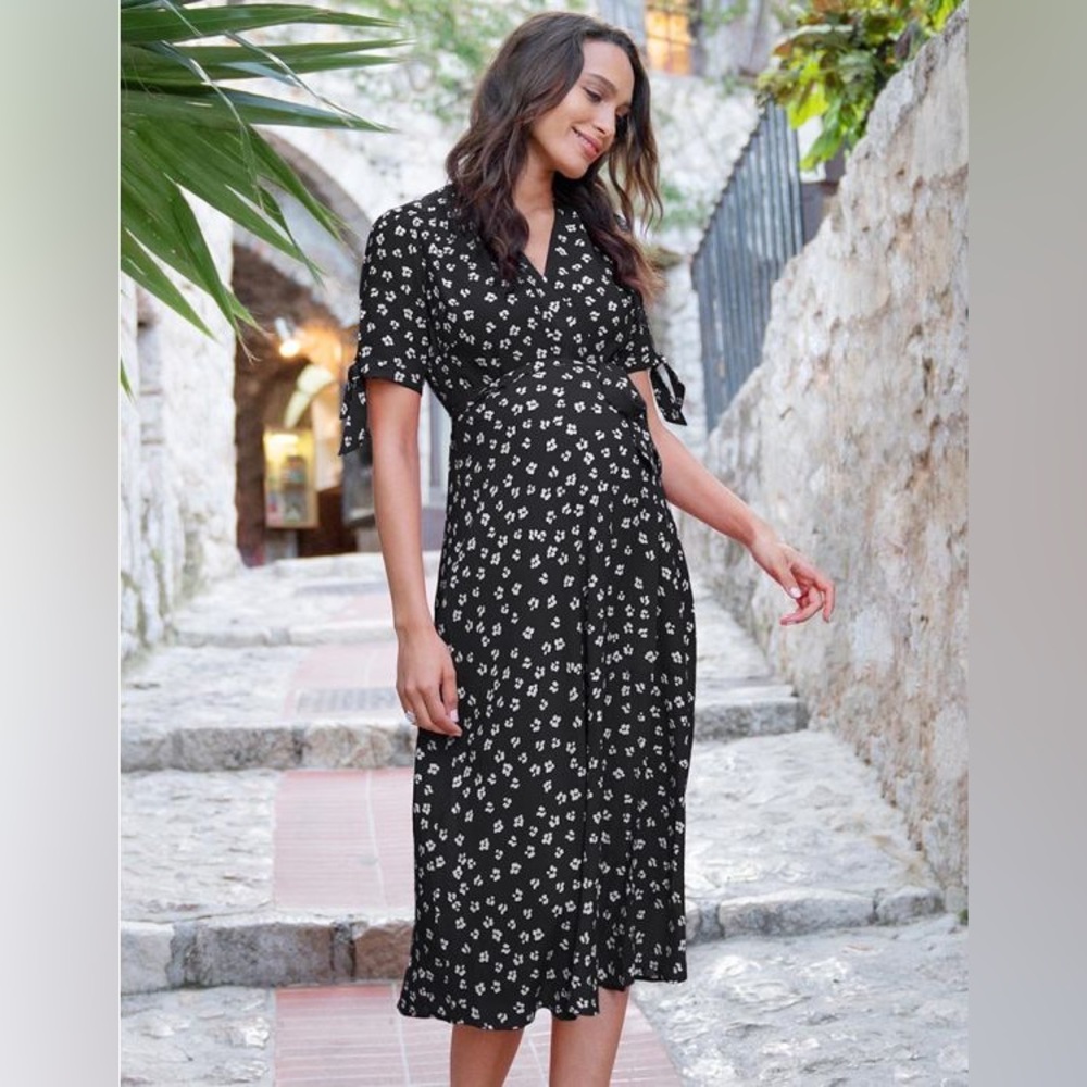 Black Seraphine Midi Wrap Maternity Dress, Size 10